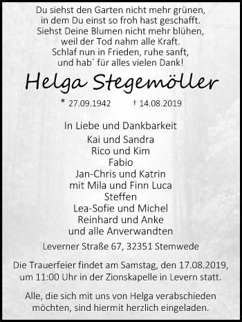 Traueranzeige von Helga Stegemöller von Westfalen-Blatt