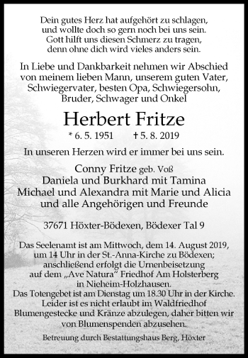 Traueranzeige von Herbert Fritze von Westfalen-Blatt