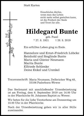 Traueranzeige von Hildegard Bunte von Westfalen-Blatt