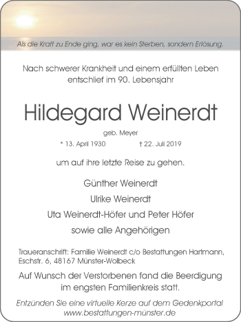 Traueranzeige von Hildegard Weinerdt von Westfalen-Blatt