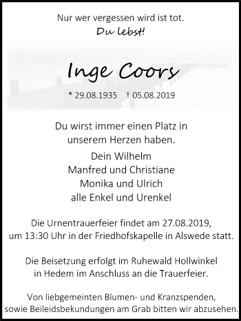 Traueranzeige von Inge Coors von Westfalen-Blatt