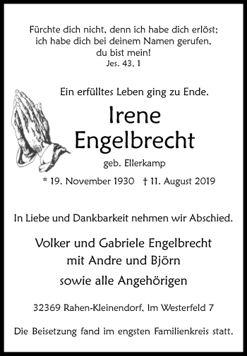 Traueranzeige von Irene Engelbrecht von Westfalen-Blatt