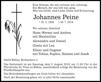 Traueranzeige von Johannes Peine von Westfalen-Blatt