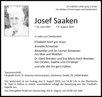 Traueranzeige von Josef Saaken von Westfalen-Blatt