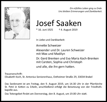 Traueranzeige von Josef Saaken von Westfalen-Blatt