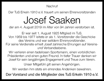 Traueranzeige von Josef Saaken von Westfalen-Blatt