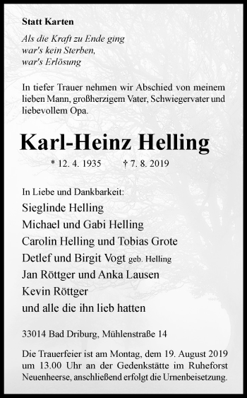 Traueranzeige von Karl-Heinz Helling von Westfalen-Blatt