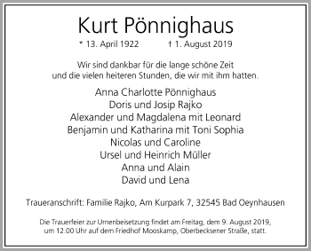 Traueranzeige von Kurt Pönnighaus von Westfalen-Blatt