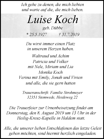 Traueranzeige von Luise Koch von Westfalen-Blatt