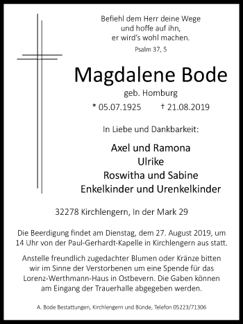 Traueranzeige von Magdalene Bode von Westfalen-Blatt