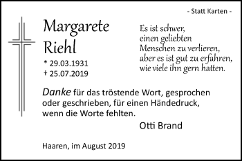 Traueranzeige von Margarete Riehl von Westfalen-Blatt