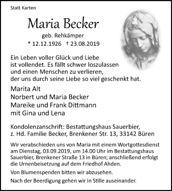 Traueranzeige von Maria Becker von Westfalen-Blatt