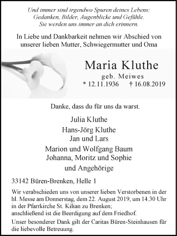 Traueranzeige von Maria Kluthe von Westfalen-Blatt