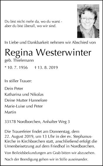 Traueranzeige von Regina Westerwinter von Westfalen-Blatt