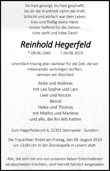 Traueranzeige von Reinhold Hegerfeld von Westfalen-Blatt