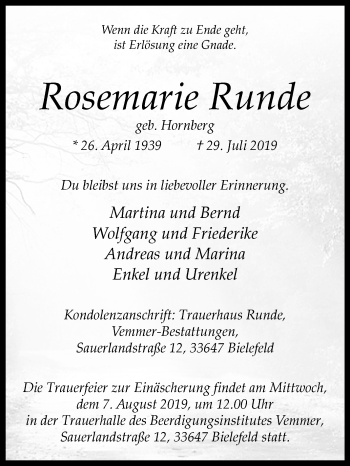 Traueranzeige von Rosemarie Runde von Westfalen-Blatt