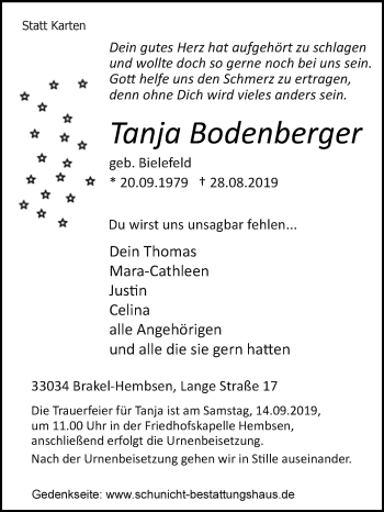 Traueranzeige von Tanja Bodenberger von Westfalen-Blatt