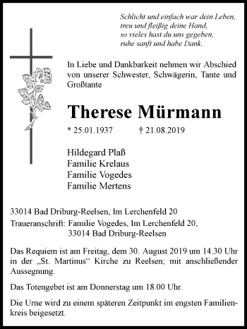 Traueranzeige von Therese Mürmann von Westfalen-Blatt