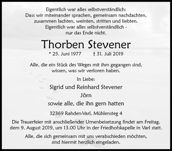 Traueranzeige von Thorben Stevener von Westfalen-Blatt