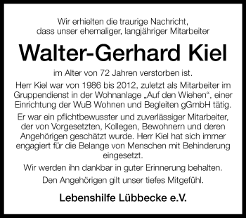 Traueranzeige von Walter-Gerhard Kiel von Westfalen-Blatt