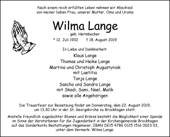 Traueranzeige von Wilma Lange von Westfalen-Blatt