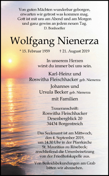 Traueranzeige von Wolfgang Nienerza von Westfalen-Blatt