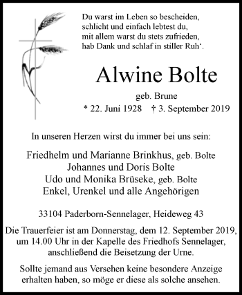 Traueranzeige von Alwine Bolte