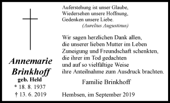 Traueranzeige von Annemarie Brinkhoff von Westfalen-Blatt