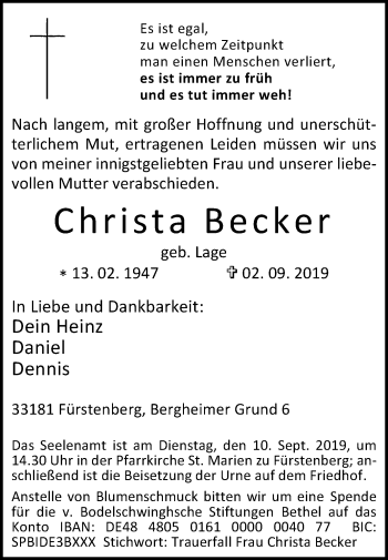 Traueranzeige von Christa Becker von Westfalen-Blatt