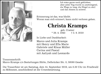 Traueranzeige von Christa Kramps von Westfalen-Blatt