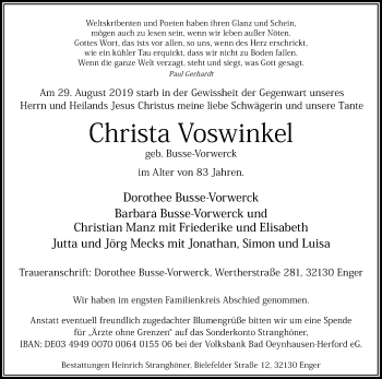 Traueranzeige von Christa Voswinkel von Westfalen-Blatt