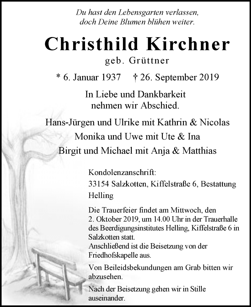  Traueranzeige für Christhild Kirchner vom 28.09.2019 aus Westfalen-Blatt