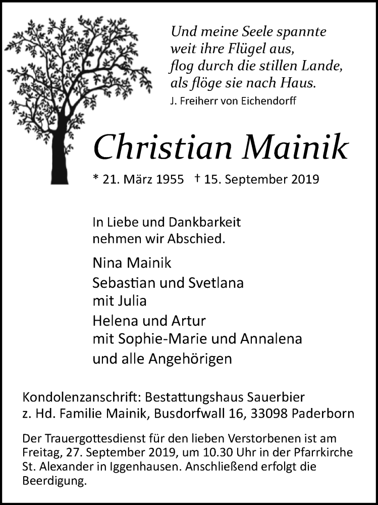  Traueranzeige für Christian Mainik vom 26.09.2019 aus Westfalen-Blatt