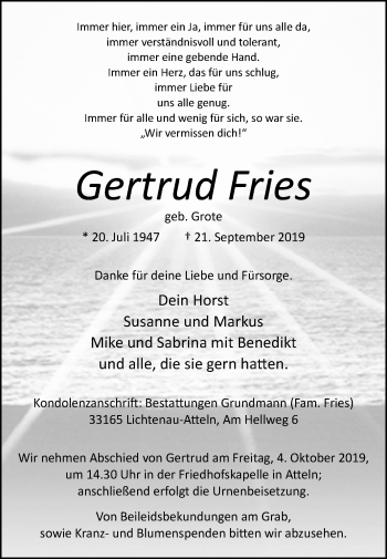 Traueranzeige von Gertrud Fries von Westfalen-Blatt