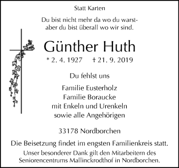 Traueranzeige von Günther Huth von Westfalen-Blatt