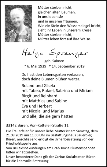 Traueranzeige von Helga Sprenger von Westfalen-Blatt