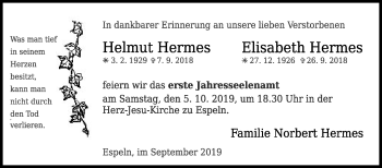 Traueranzeige von Helmut und Elisabeth Hermes von Westfalen-Blatt