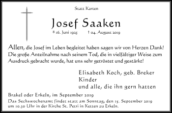 Traueranzeige von Josef Saaken von Westfalen-Blatt