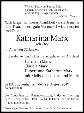 Traueranzeige von Katharina Marx von Westfalen-Blatt