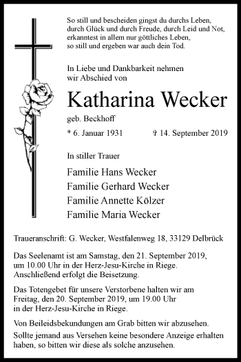 Traueranzeige von Katharina Wecker von Westfalen-Blatt