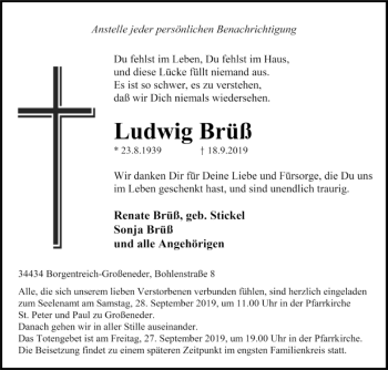 Traueranzeige von Ludwig Brüß von Westfalen-Blatt