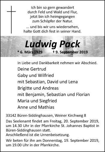 Traueranzeige von Ludwig Pack von Westfalen-Blatt