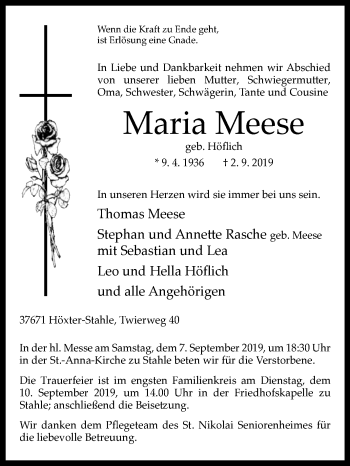 Traueranzeige von Maria Meese von Westfalen-Blatt