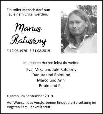 Traueranzeige von Marius Ratuszny von Westfalen-Blatt