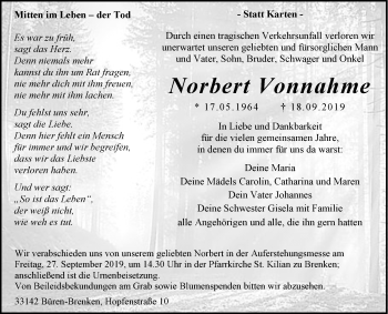 Traueranzeige von Norbert Vonnahme von Westfalen-Blatt