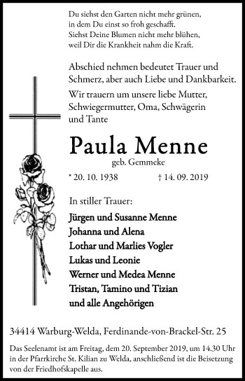 Traueranzeige von Paula Menne von Westfalen-Blatt