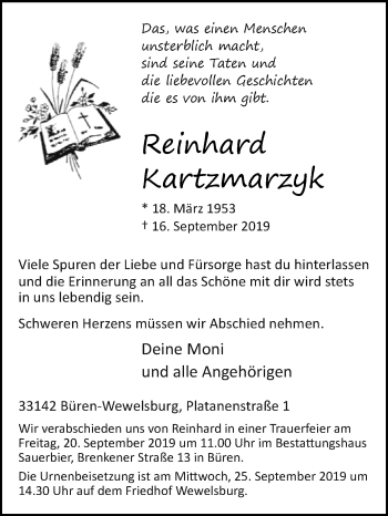 Traueranzeige von Reinhard Kartzmarzyk von Westfalen-Blatt