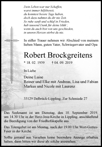 Traueranzeige von Robert Brockgreitens von Westfalen-Blatt