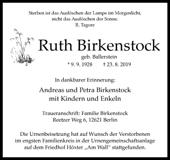 Traueranzeige von Ruth Birkenstock von Westfalen-Blatt