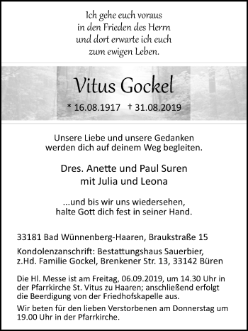 Traueranzeige von Vitus Gockel von Westfalen-Blatt